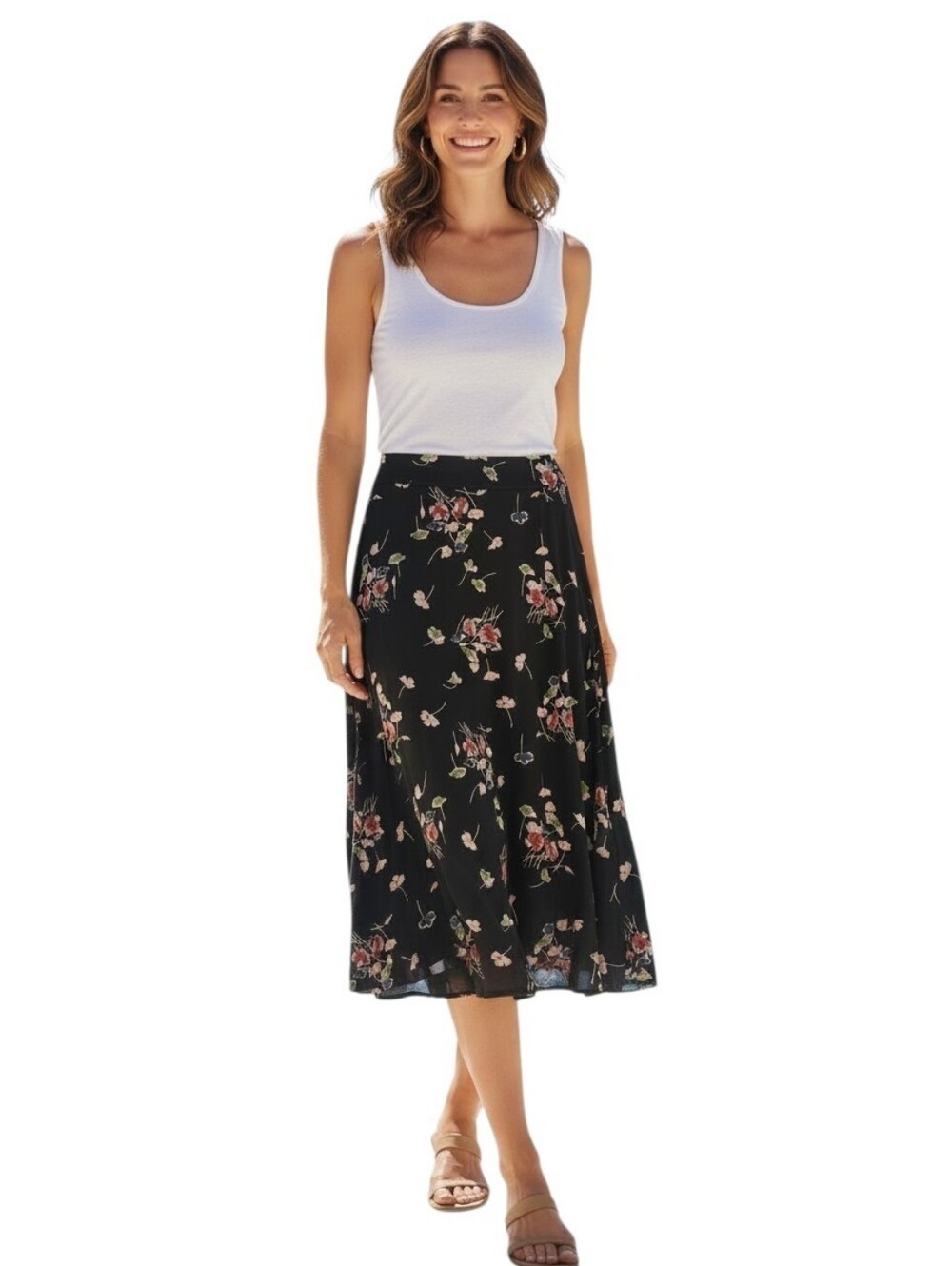 Pact  Organic Cotton Navy Floral Fit & Flare Midi Skirt Size XXL